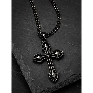 NIB GUESS Black Cross Pendant Necklace Gunmetal Chain Gothic Men's 24" + 2"